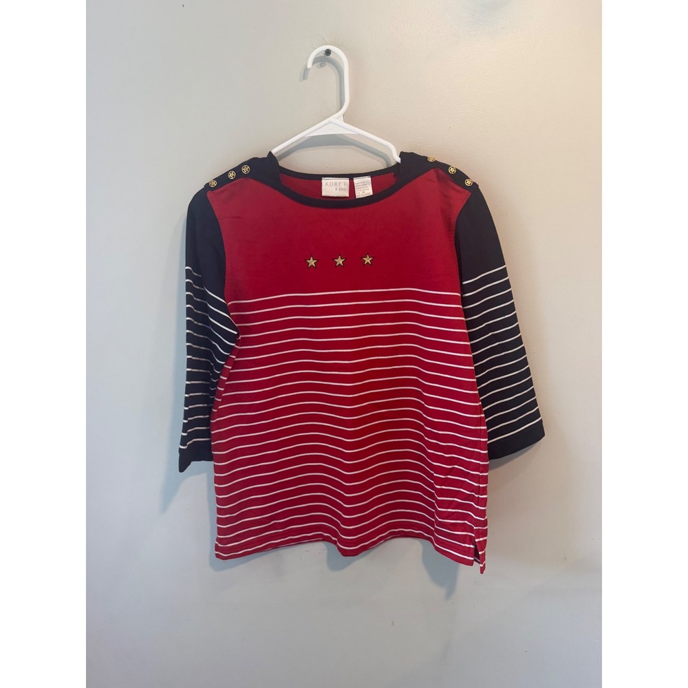 Koret K-Wear Womens Red Navy Striped Star Button Nautical Top Size M 152X686